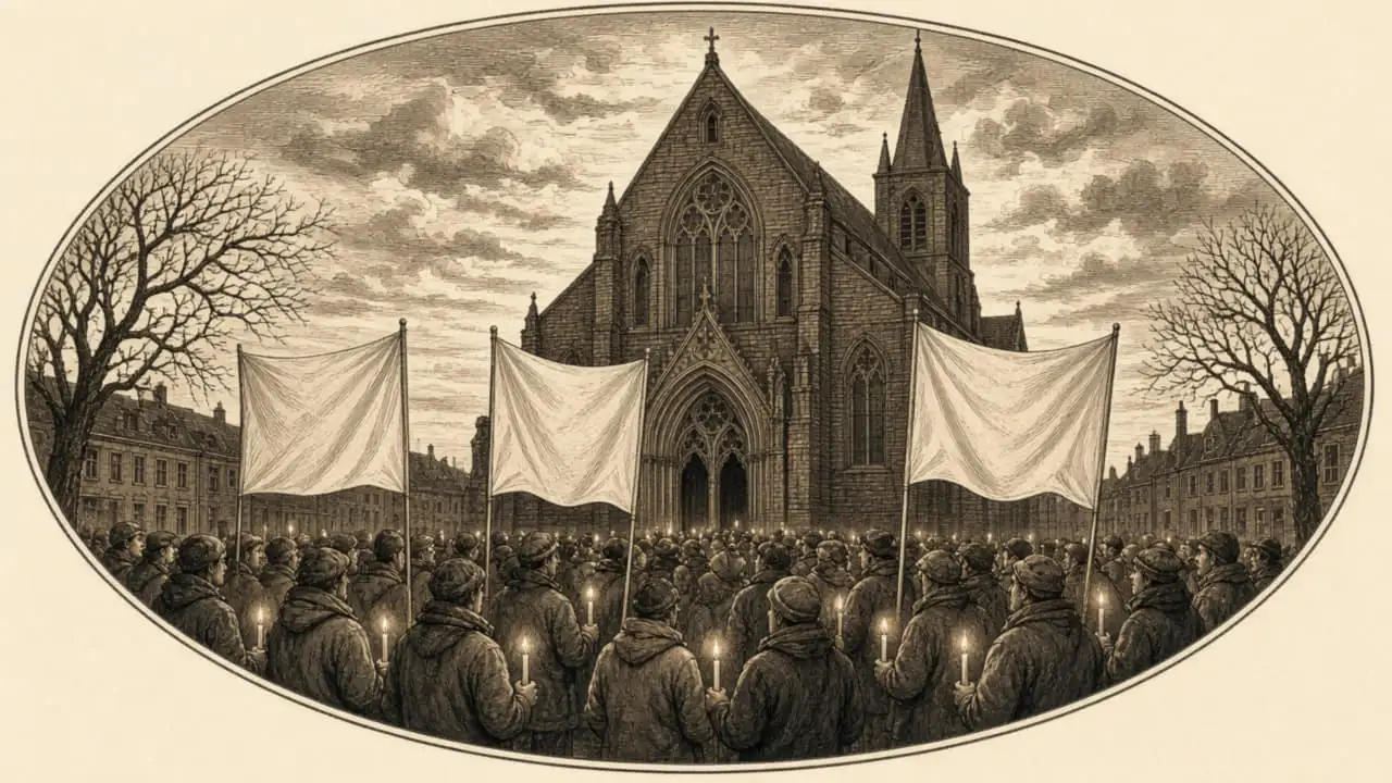 Kupferstich-Illustration: Eine dichte Menschenmenge in Parkas und Strickmützen steht mit brennenden Kerzen in den Händen vor dem Portal einer gotischen Kirche, dazwischen Transparente ohne lesbare Schrift.