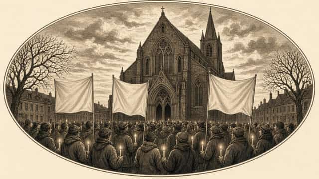 Kupferstich-Illustration: Eine dichte Menschenmenge in Parkas und Strickmützen steht mit brennenden Kerzen in den Händen vor dem Portal einer gotischen Kirche, dazwischen Transparente ohne lesbare Schrift.