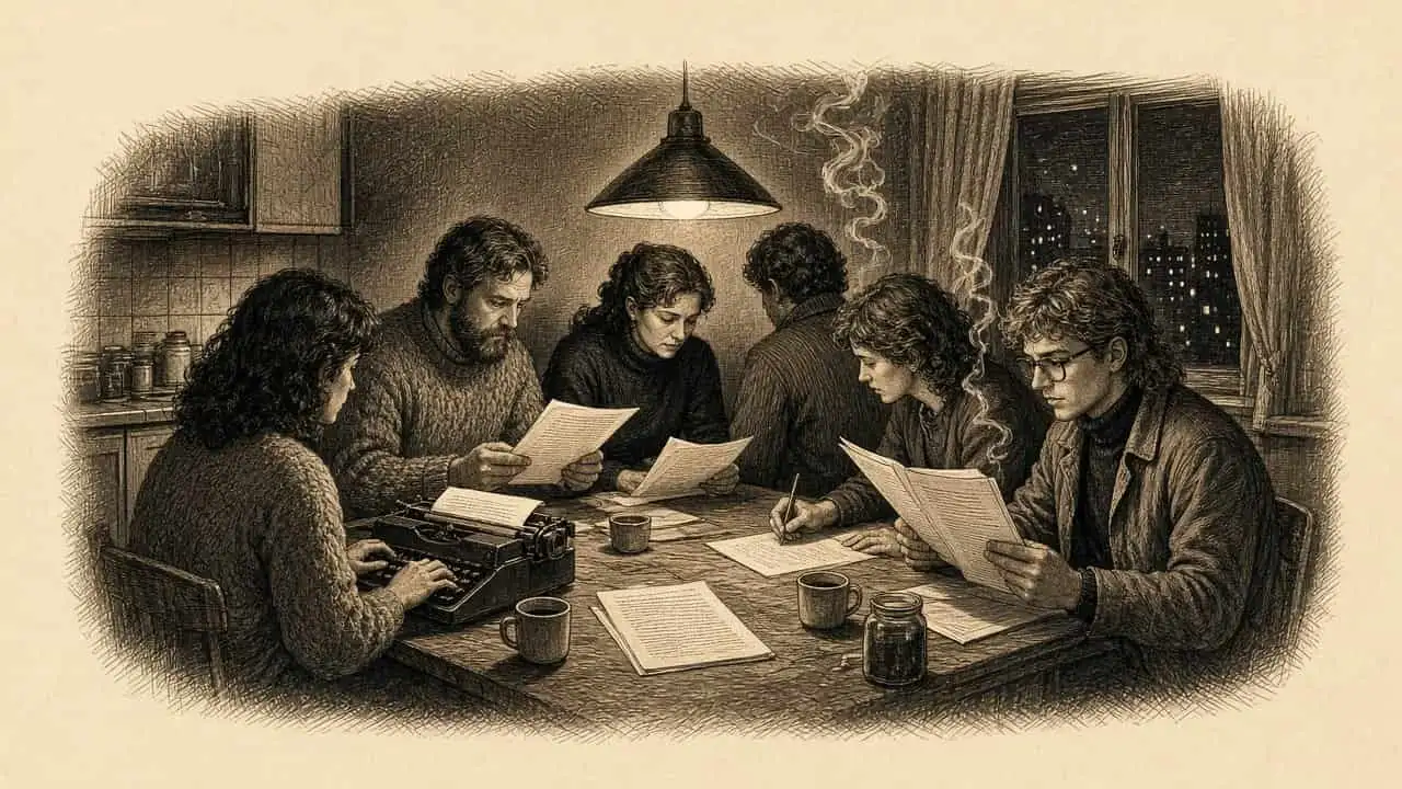 Kupferstich-Illustration: Eine kleine Gruppe junger Leute in Pullovern sitzt nachts unter einer Hängelampe um einen Küchentisch, eine Frau tippt auf einer Schreibmaschine, die anderen lesen Papiere, daneben stehen Kaffeetassen.