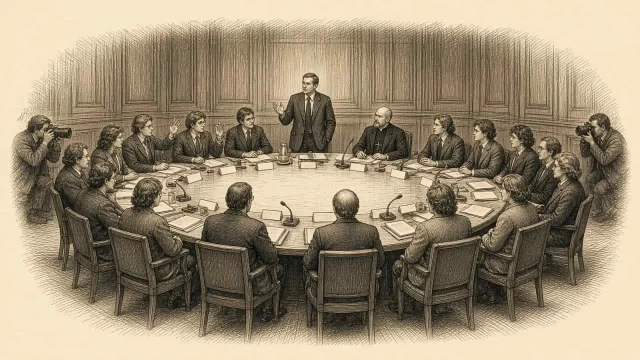 Kupferstich-Illustration: Delegierte sitzen an einem großen runden Tisch mit Mikrofonen, ein stehender Moderator leitet die Sitzung, am Rand stehen Pressefotografen mit Kameras.