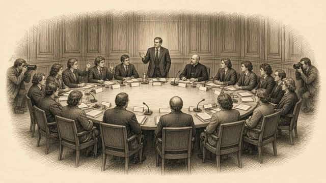 Kupferstich-Illustration: Delegierte sitzen an einem großen runden Tisch mit Mikrofonen, ein stehender Moderator leitet die Sitzung, am Rand stehen Pressefotografen mit Kameras.