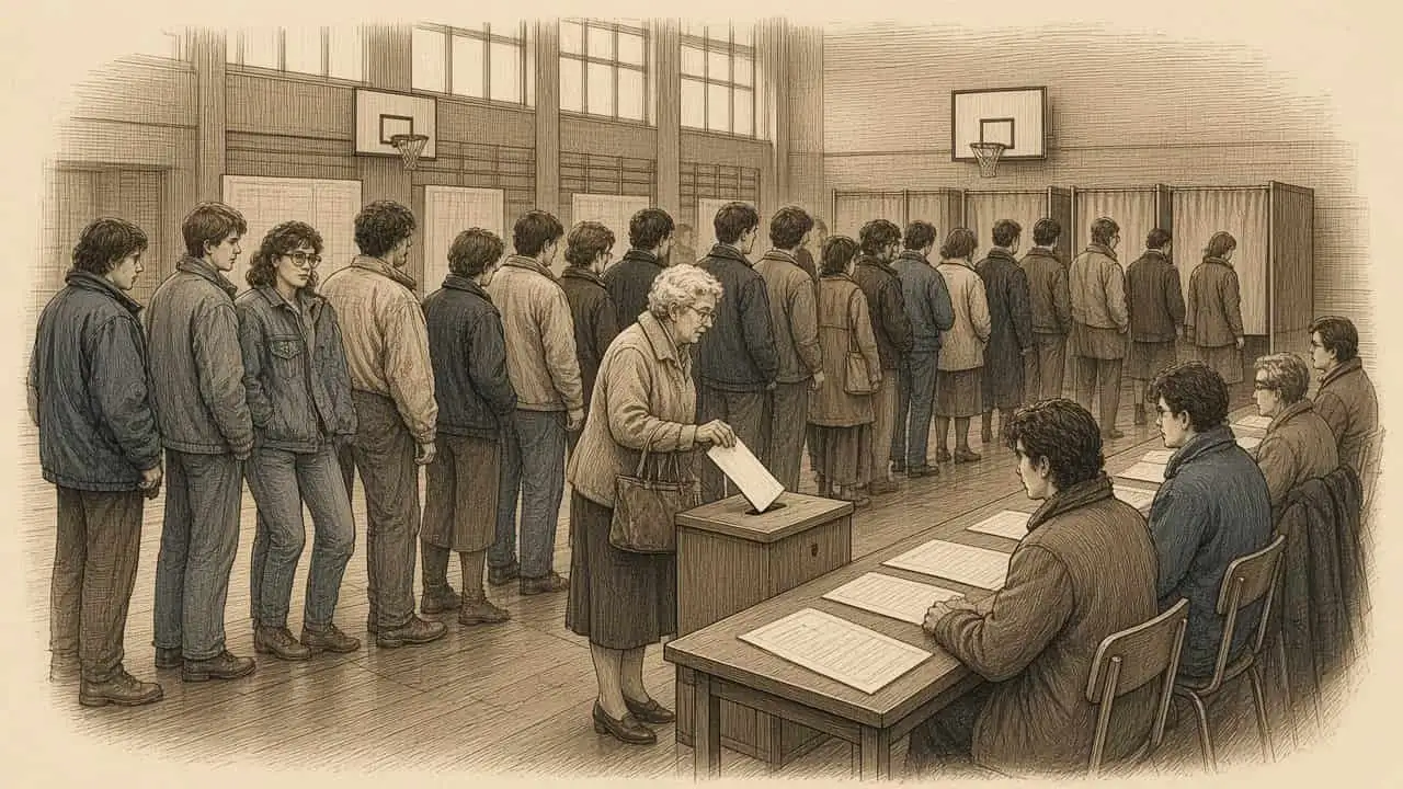 Kupferstich-Illustration: Menschen jeden Alters warten in einer Turnhalle als Wahllokal in einer Schlange, eine ältere Frau wirft ihren Stimmzettel in die Wahlurne.