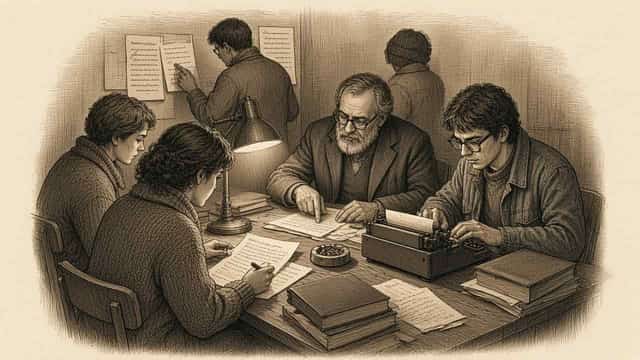 Kupferstich-Illustration: Eine Arbeitsgruppe sitzt spätabends unter einer Lampe an einem Schreibtisch voller Papiere und Bücher, ein Mann tippt auf der Schreibmaschine, ein anderer heftet Blätter an die Wand.