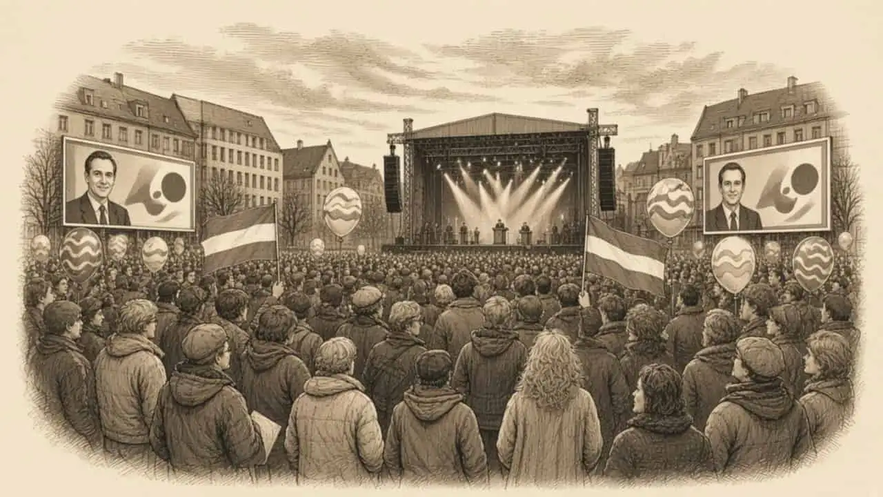 Kupferstich-Illustration: Eine große Menschenmenge bei einer Wahlkundgebung im Frühjahr 1990 vor einer Bühne mit Lautsprechertürmen und Scheinwerfern, dazu Fahnen, Luftballons und große Wahlplakate mit lächelnden Kandidaten im Westformat.