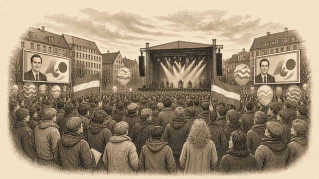 Kupferstich-Illustration: Eine große Menschenmenge bei einer Wahlkundgebung im Frühjahr 1990 vor einer Bühne mit Lautsprechertürmen und Scheinwerfern, dazu Fahnen, Luftballons und große Wahlplakate mit lächelnden Kandidaten im Westformat.