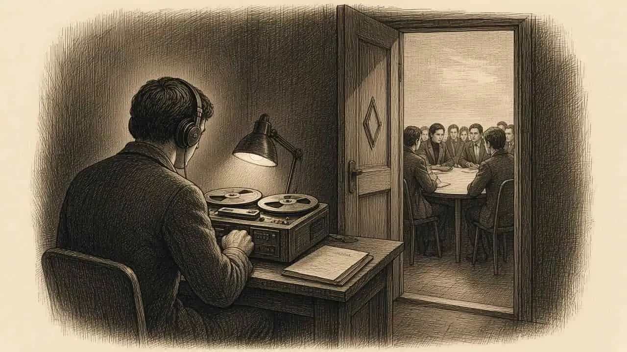 Kupferstich-Illustration: Ein Mann mit Kopfhörern sitzt mit dem Rücken zum Betrachter im dunklen Nebenraum an einem Tonbandgerät, durch eine halb offene Tür sieht man eine Sitzung am runden Tisch.