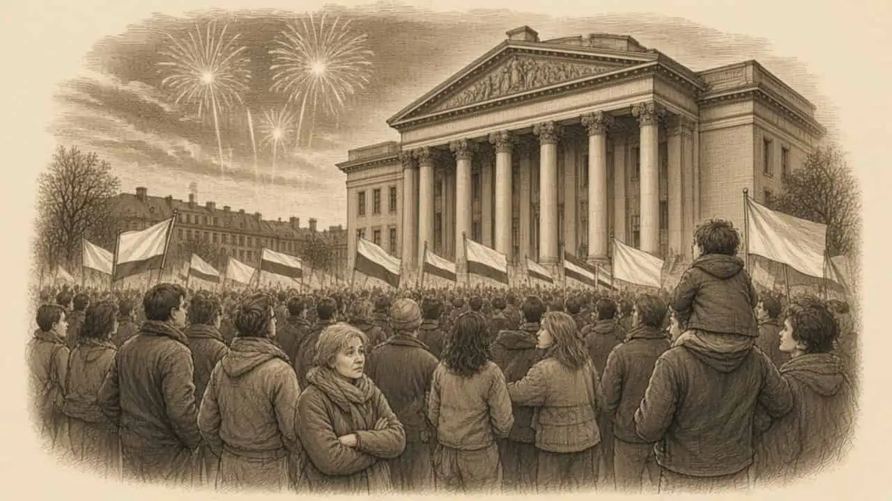 Kupferstich-Illustration: Eine Menschenmenge mit Fahnen steht nachts vor einem Parlamentsgebäude mit Säulenportal, am Himmel Feuerwerk, vorn verschränkt eine ältere Frau nachdenklich die Arme.