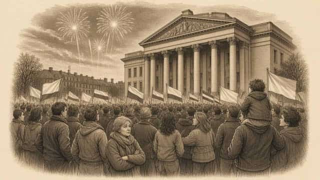 Kupferstich-Illustration: Eine Menschenmenge mit Fahnen steht nachts vor einem Parlamentsgebäude mit Säulenportal, am Himmel Feuerwerk, vorn verschränkt eine ältere Frau nachdenklich die Arme.