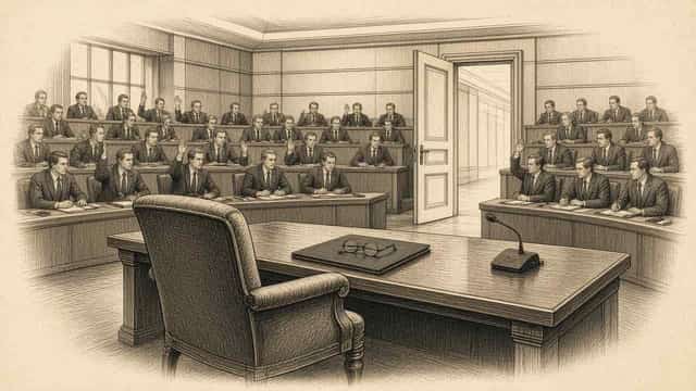 Kupferstich-Illustration: Eine Kommission sitzt in einem Sitzungssaal, einige Mitglieder heben die Hand zur Abstimmung, vorn steht ein leerer Sessel vor einem Tisch mit geschlossener Mappe und Brille, dahinter eine offene Tür.