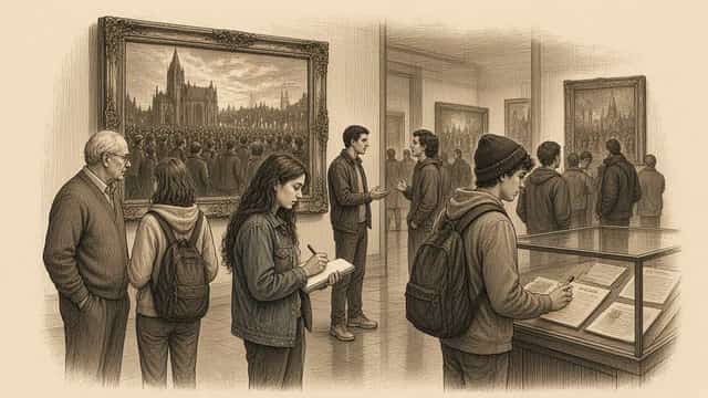 Kupferstich-Illustration: Besucherinnen und Besucher verschiedener Generationen betrachten in einer Ausstellung Bilder der Kerzendemonstrationen von 1989, eine junge Frau notiert etwas, ein Student liest an einer Vitrine mit Dokumenten.